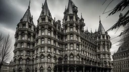 La arquitectura del hotel es una mezcla inquietante de estilos: el gótico se entrelaza con el art nouveau, y las torres puntiagudas se alzan como dedos huesudos hacia el cielo. Las escaleras de caracol, desgastadas por el tiempo, crujen bajo los pasos de los visitantes, como si recordaran los secretos que han presenciado a lo largo de los años