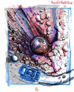 High-altitude lunar reconnaissance satellite image of a young impact crater with larger regolith along right ride. A damaged metallic alien sphere with fracture lines like an egg. organic growth across regolith and up crater walls. Along the lower frame edge a small modern bare-bones lunar-vehicle sits near the rim with visible wheel tracks. comic pencils