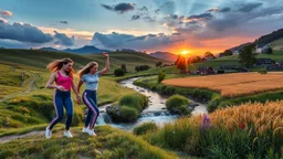 a group of young ladies in sports pants and blouse are dancing to camera in village over high grassy hills,a small fall and river and wild flowers at river sides, trees houses ,next to Ripe wheat ready for harvest farm,cloudy sun set sky