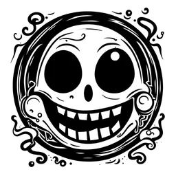 A simple black and white line drawing of an acid smiley in tattoo style with horror elements