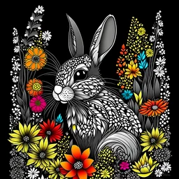 colorful Patagonian Mara between seeds and big flowers black background. for a coloring. with grayscale