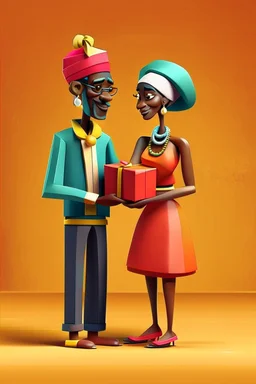 Love is in town. Prompt: Stylized 3D cartoon woman in profile view with long elegant proportions and smooth dark skin tone. Wearing a color-block mini skirt and sleeveless top. Her head wrapped in a turban and accessorized with bracelets and pearl earrings. Holding a small gift box with ribbon in her hands. Accompanied by a tall male companion in matching stylized design. Set against a soft studio backdrop --ar 2:3 --profile sng3ui9 --stylize 300 --draft