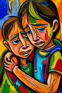 a girl hug her brother and both crying sadly, expressionism, Pixar style, in abstract art Basquiat, Picasso, Miro, Kandinsky, Klee, Birell, Fairey, Ardon, Buffet and Picasso style, HD --s 750 --v 5.1 --style raw, water color