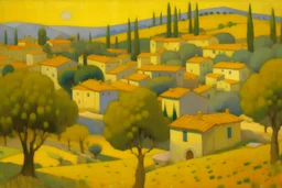 A yellow village with olive trees in daytime painted by Georges Seurat