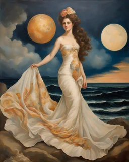 Reimagine the painting using clothing as the primary elements. Transform Venus into a figure wearing an exquisite, flowing gown resembling the sea's waves. Use fabrics and scarves to depict Zephyr and Aura, while seashells and the shell under Venus become fashion accessories. Match the clothing colors and patterns to the original painting, capturing Venus's beauty and grace through fashion.