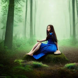 sourceress girl, beautiful, cute, seated on a mushroom, in a dark forest, with mist, blue intricate dress, high definition, cinematic, rendering