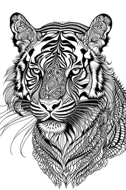 tiger face tattoo, coloring page, clean line art, adults drawing book, Black and white only, crisp black lines, sharp lines, coloring page for adults, black and white picture, lots of details,