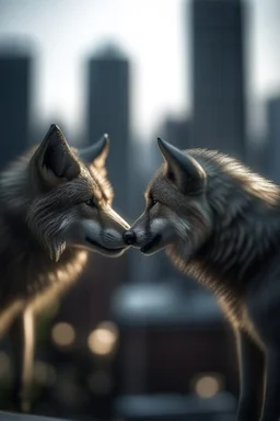 macro photo of wolves kissing over a skyscapers,shot on Hasselblad h6d-400c, zeiss prime lens, bokeh like f/0.8, tilt-shift lens 8k, high detail, smooth render, down-light, unreal engine, prize winning