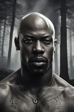 Alimi Ballard Very muscular man bald with tribal tattoos bare chested in forest, realistic face, close-up, dark fantasy, smoke in the sky, intricate details, hyper detailed