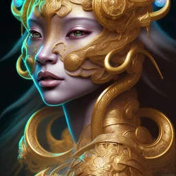 Sango fantasy, fantasy magic, intricate, sharp focus, illustration, highly detailed, digital painting, concept art, matte, art germ and Paul Lewin and Kehinde Wiley, masterpiece Indonesian lady head bronze tiger Asian African girl nice breast Hawaiian hair turquoise golden waves