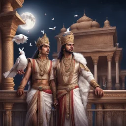 Hyper Realistic beautiful handsome Indian king & Queen on the balcony of an Indian palace at moon night with white pigeons flying