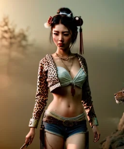 Ultra realistic, steampunk western party scene. Geisha Asian woman with leopard, waist up view, smoke, happy, color fog, people background, highly detailed, concept art, unreal engine 5, god rays, ray tracing, RTX, lumen lighting, ultra detail, volumetric lighting, 3d, finely drawn, high definition, high resolution.