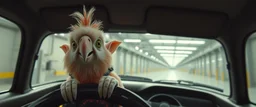 car driving happy 2d fluffy elf parrot in the style of Escher and Giger and Fallout 4, pinhole cam, airbrush 3d rendering, on tv screen:A five-second cinematic single take in a clean industrial presentation hall.