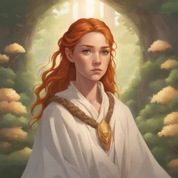dungeons & dragons; portrait; teenager; female; cleric; ginger hair; braided bun; brown eyes; cloak; flowing robes; cleric armor; nature; sunny; freckles; trusting; healing magic; prayer; veil; circle halo background