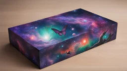 a box 10 cm long by 5 cm wide and 25 cm high, drawn on a box on all sides, space, tress, planets, butterfly nebula, crow, purple, green and red, portal too others galaxy, realistic