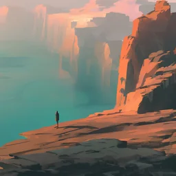 A picture of a person standing on a cliff overlooking a beautiful landscape.