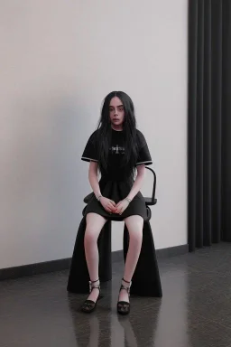 Billie Eilish, sitting on a chair, Black Short Dress, high detail, realistic