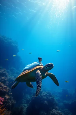 magical vibrant colors underwater Queen in deep blue sea beautiful corals,fishs and she on sitting driving giant turtle story photography fantasy art