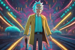 Rick in 8k cartoon artstyle, neon effect, Rick and morty them, close picture, rain, fantasy world, intricate details, highly detailed, high details, detailed portrait, masterpiece,ultra detailed, ultra quality