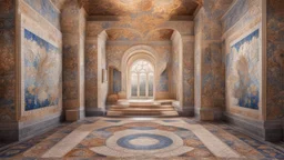 Superb pictorial mosaic floor, tapestry-lined walls, relaxation, luxury, dream world, calm beauty, symmetry, fantasy world, magic, beautiful composition, exquisite detail, 135mm lens