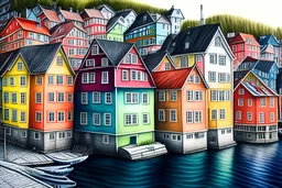 Colored pencil drawing, Very detailed, Drawing of the colorfull houses in the city Bergen in Norway. Colorfull, professional, detailed, pencil strokes, calm composition, zoom out.