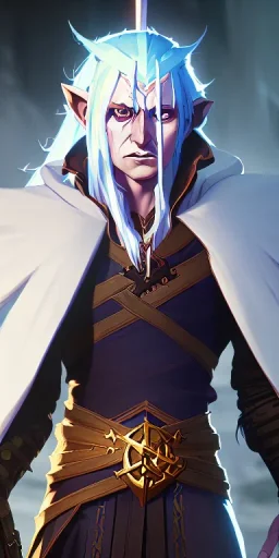 Dungeons and dragons character adventurer, wizard elf male, high detail, long white hair, wizard robe, joyful face, fur coat