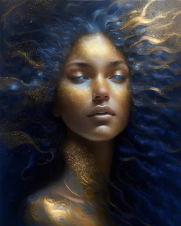 portrait d'une magnifique femme mystique aux cheveux ondulés. Sa peau est de couleur bleu nuit. Il y a des motifs dorés sur sa peau. Son expression de visage est neutre. Une substance épaisse et dorée tombe du ciel. Des paillettes d'or scintillantes virevoltent autour d'elle. Des particules lumineuses tournent en tourbillon.