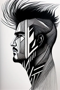 Portrait drawing of A man with deep lines on his face, staring towards the heaven, chaos, abstract