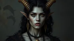 Grey skinned tiefling woman black curly hair goat horns