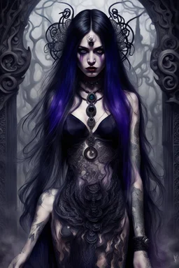 a crepy stunning mystic woman with dark purple-black long hair and black tattoos on her body, a cold, indifferent expression, silver and black onyx jewelry, black lace dress, cybernetics, crepy stunning anthropomorphic female, Minjae Lee vibe, cbybernetic and etheral human, ancient deity, by Vincent Lefevre and Yoshitaka Amano, stunning 3d