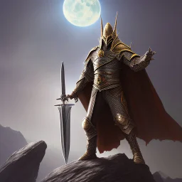 Sauron, the mighty lord of darkness, standing on a rock in the dark land of Mordor, a super-hero man of infinite power and technology of the galactic race, with a great army, a large moon disk behind him, and a fiery sword in his hand