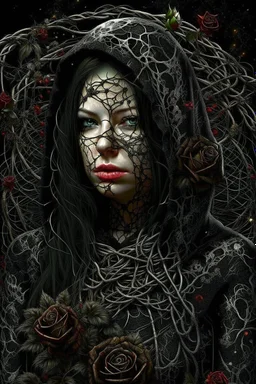 a beautiful and mysterious gothic woman entangled in wire and roses, hoody, dark and gothic lighting, ultra realistic and highly detailed, explosive background, epic, striking messy art style, cracked sealant surface and heavy textures , extremely beautiful