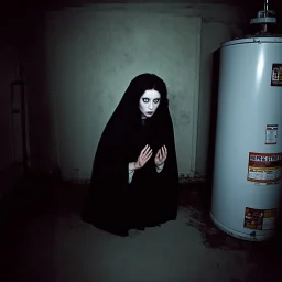 dingy cluttered dim basement with gaseous vapors on floor, peeking out from behind an old water heater is a supernatural apparitional Witch with impossibly long fingers and softly glowing eyes, subtle, horror, found footage photography