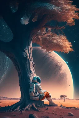 A lonely astronaut sits under the shade of an old tree on the edge of a planet. He looks at a beautiful galaxy.4k, high resolution. full detail