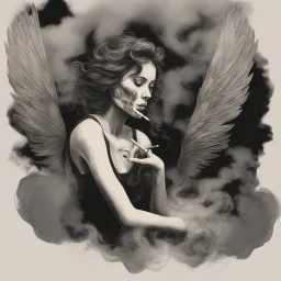 woman sitting forward Her face upward and blows cigarette smoke from their mouth upward. a figure with wings emerging from its back. behind the clouds of smoke look death. dark and mysterious