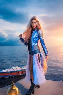 half body shot,realistic portrait of a 20-25 old caucasian model, long blue pink flowing hair, great grey eyes, blue leather jacket,full body, short white skirt,long legs,standing on deck of modern ship . beach of very nice lake with sunset ,clouds,godrayes