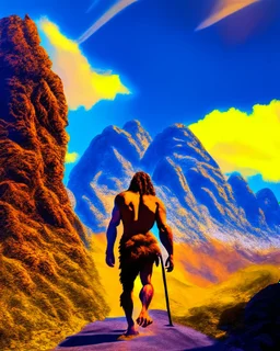 Imagina el hombre de Neandertal caminando de frente a la camara por montañas colores complementarios arte digital foto realista obra de arte hiperdetallada intrincada sombras 3D iluminación cinematografica 8k 3D cuerpo completo clima soleado nubes