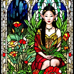 Stained Glass Art Nouveau art style A beautiful as a model asian woodland elf princess who looks like a young Lucy Liu seated on a throne surrounded by poppies and marijuana leaves in a mystical forest, photo-realistic