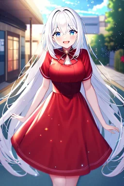 girl, masterpiece, best quality, cinematic lighting, detailed outfit, vibrant colors, perfect eyes, white hair, very long hair, blue eyes, Happy Valentine, sidewalk, under tree, laughing, sparkle, depth of field, indoors, god rays, glowing light, ray tracing, red dress,