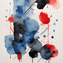 watercolor, bold black lines, black footprint, geometric lines, blue and red blotches