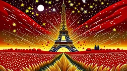 Eiffel Tower with red Kremlin stars, on the background of a wheat field with red tractors