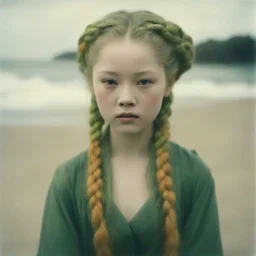 Old autochrome of devon aoki ,with orange cheeks, strange green braids. On the beach, in 1830