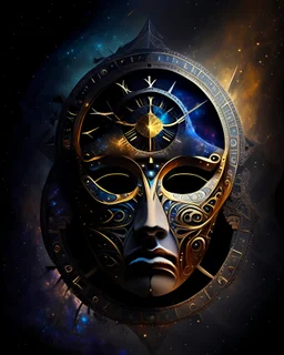 A cosmic mask representing the balance of light and darkness A cosmic clock ticking away the eons
