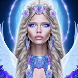 portrait of a beautiful aztecan woman with an angel face smiling,long blond hair, blue eyes, pink and blue dress, jewels, soft light aura