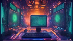 crea una imagen con un estilo arte digital de una computadora código de programación en pantalla y adornos con estilo tecnológico futurista psicodelico, con colores azules, violetas verdes y naranjas