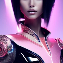 pilar rubio, Cyborg samurai, cyberpunk, white skin, light black hair, geisha hairstyle, cobalt eyes, waist up portrait, 8k resolution, retroanime, intricate details, neon details, soft lighting, vibrant colors, masterpiece, intricate eyeliner, dark eyeshadow, eyes, intricate tattoos, gradient background