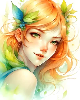 A stunning watercolor drawing of whimsical magnificent [Fantasy Garden Fairy],ultra close up front view happy face portrait, hair, extremely adorable, charming, extremely cute , the highest quality style, modern anime style, an illustration that pays tribute to the iconic styles of Artgerm, Aleksi Briclot, and Charlie Bowater, created in a digital doodle