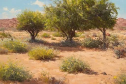 Sunny day, trees, flowers, rocks, arid land, vegetations, distant rocky mountains, sci-fi, willem maris, and otto pippel paintings
