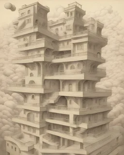 boceto borrador con lineas difusas A captivating, surrealist painting of a gravity-defying, Escher-inspired building with multiple perspectives, impossible staircases, and fantastical elements that defy the laws of physics, set within a dream-like landscape.