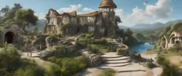 Salvador Dali at a surrealist clock-house in a beautiful surreal sunny countryside market scene with distant hills, many conjoining intricate characterful dwellings (designed by Esher), many paths & walkways & stairways, waterfalls & a waterwheel : ultra high detail, photorealistic, epic cinematic, 8K, Large depth of field